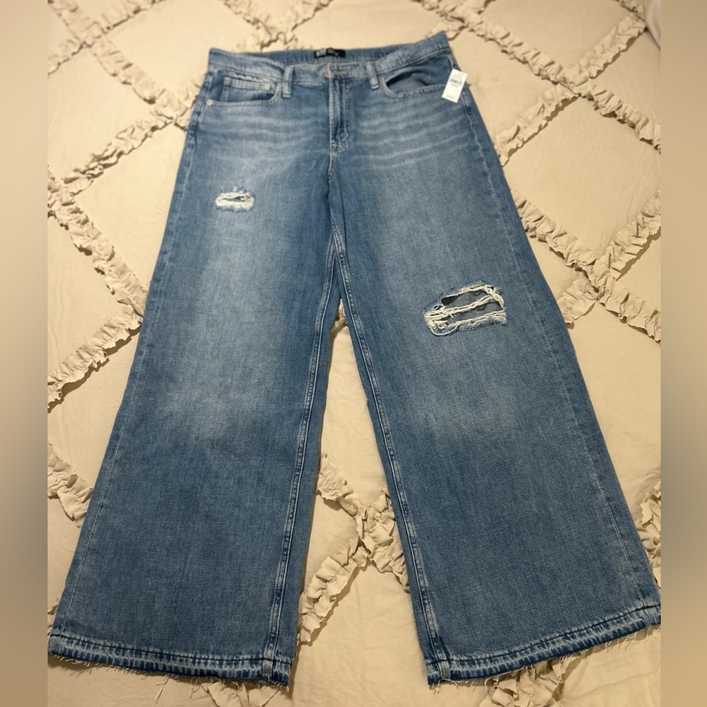 GAP - High Rise Wide-Leg Jeans Washwell - 32 Reg | size 14 - medium wash destroy